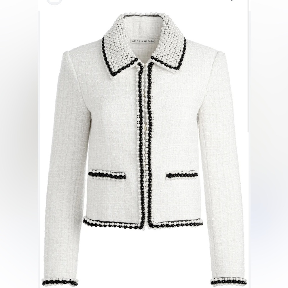 Alice + Olivia White Tweed Blazer with Black Trim
